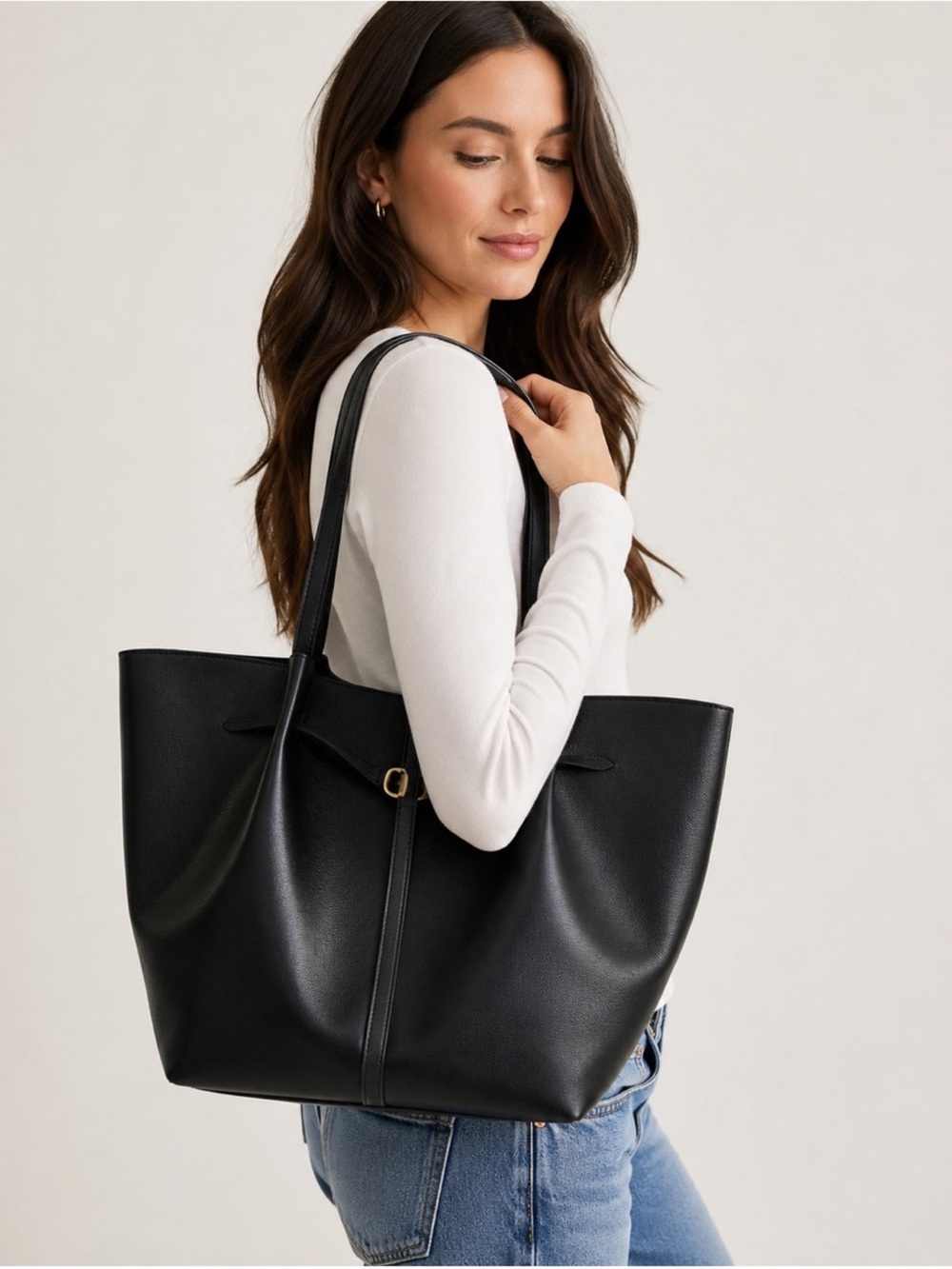 A new day belted pinched handle handbag black